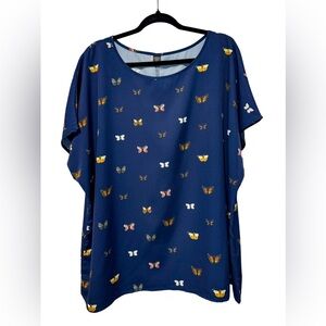 Women Plus 3X Butterfly Blue Feminine Top Silky Boho Flowy Cottagecore Artsy